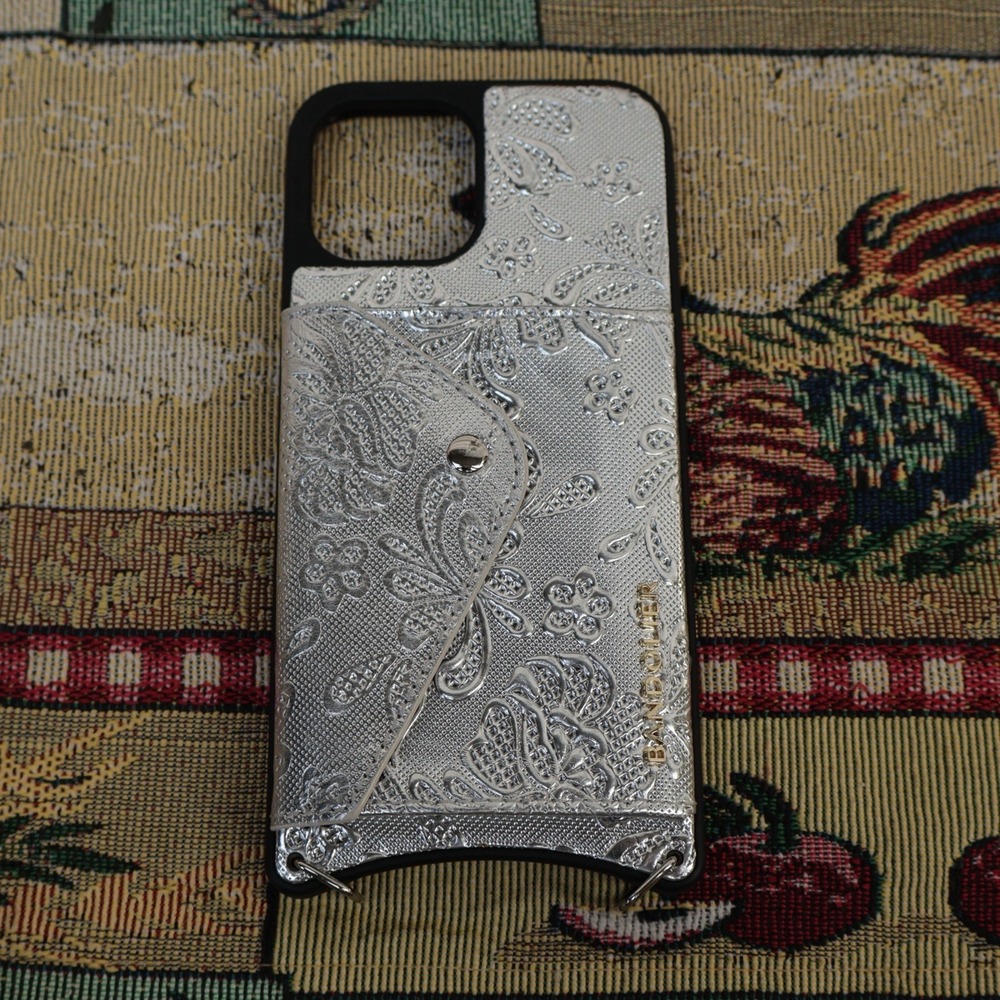 Bandolier Emma Crossbody iPhone 13 Pro Max Silver Embossed Silver Leather